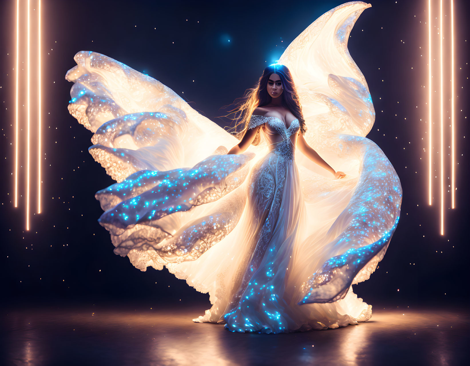 Glowing white dress woman with illuminated wings in dark setting