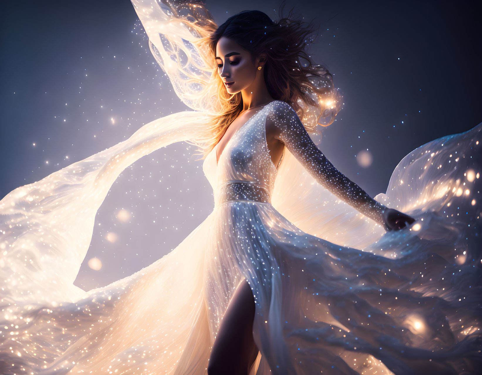 Woman in illuminated dress with sparkling lights and flowing hair in mystical glow