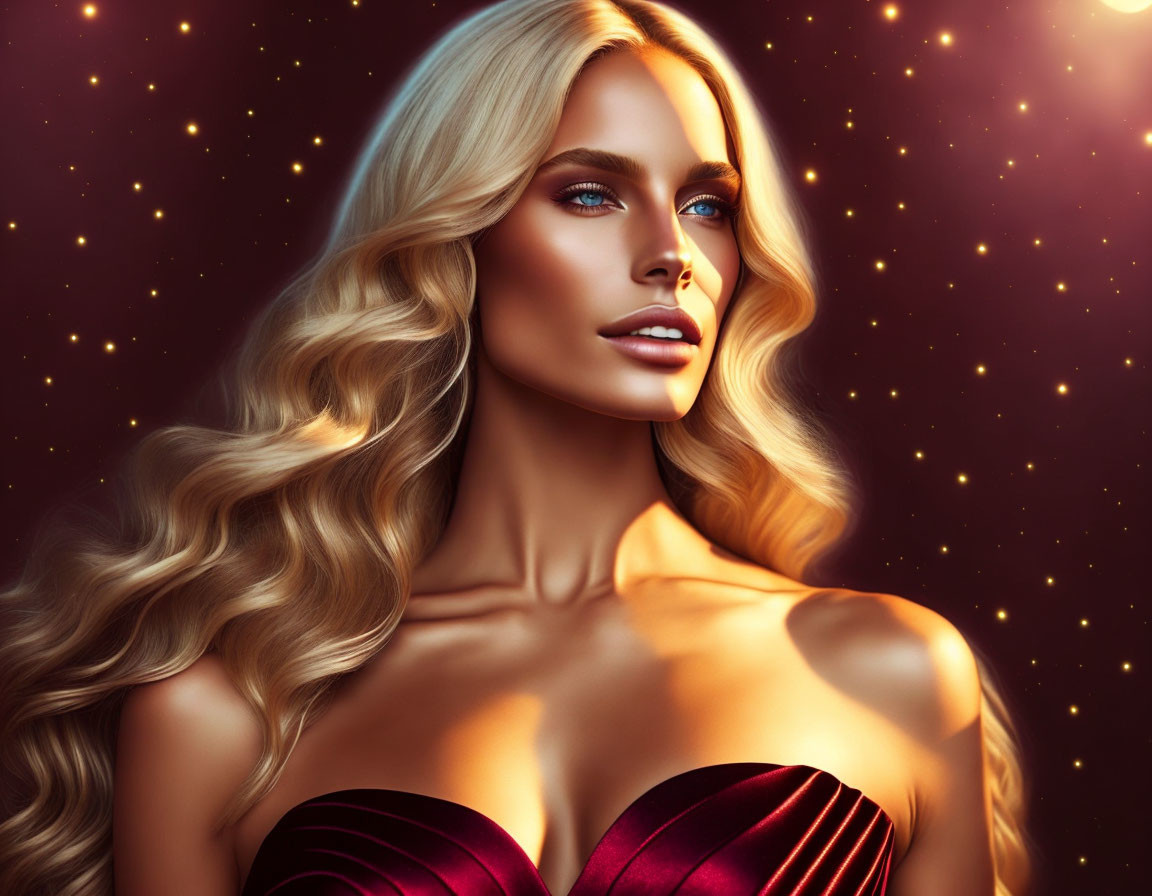 Blonde Woman in Red Dress Digital Artwork