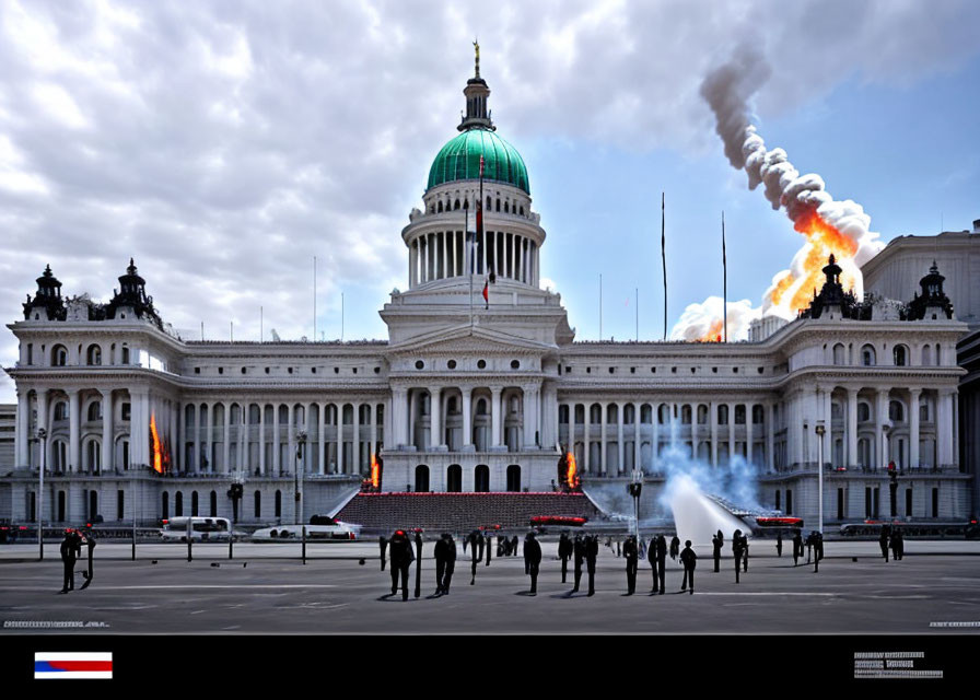 White Building with Green Dome and Fire Smoke in Foreground