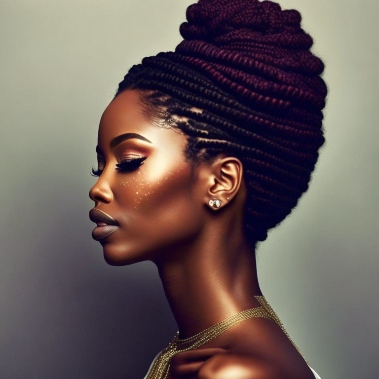 Portrait of woman with braided updo, subtle makeup, and gold accessories