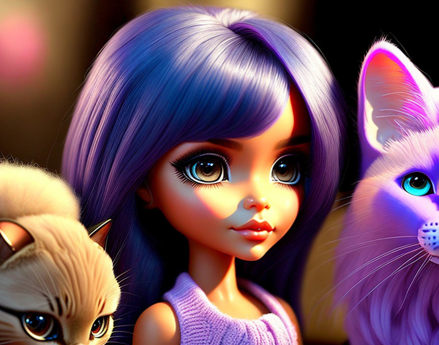 Digital Artwork: Girl with Large Eyes, Purple Hair, and Vibrant Cats