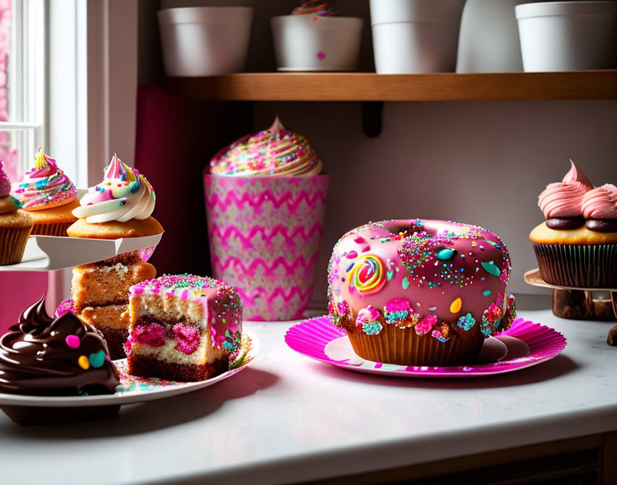 Colorful Cupcakes and Cakes with Vibrant Icing and Candy Decorations