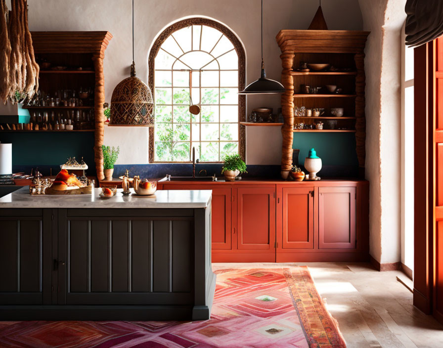 Cozy kitchen with terracotta cabinets, dark island, arched windows & rustic decor