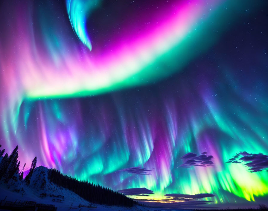 Colorful Aurora Borealis Over Snowy Landscape