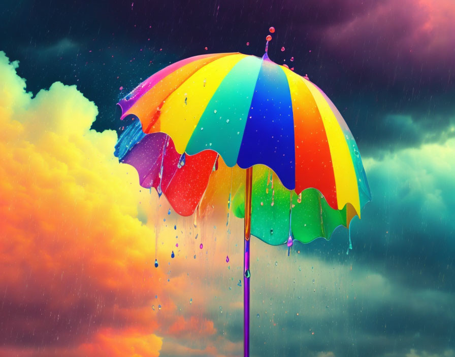 Vibrant umbrella under dramatic orange and blue sky