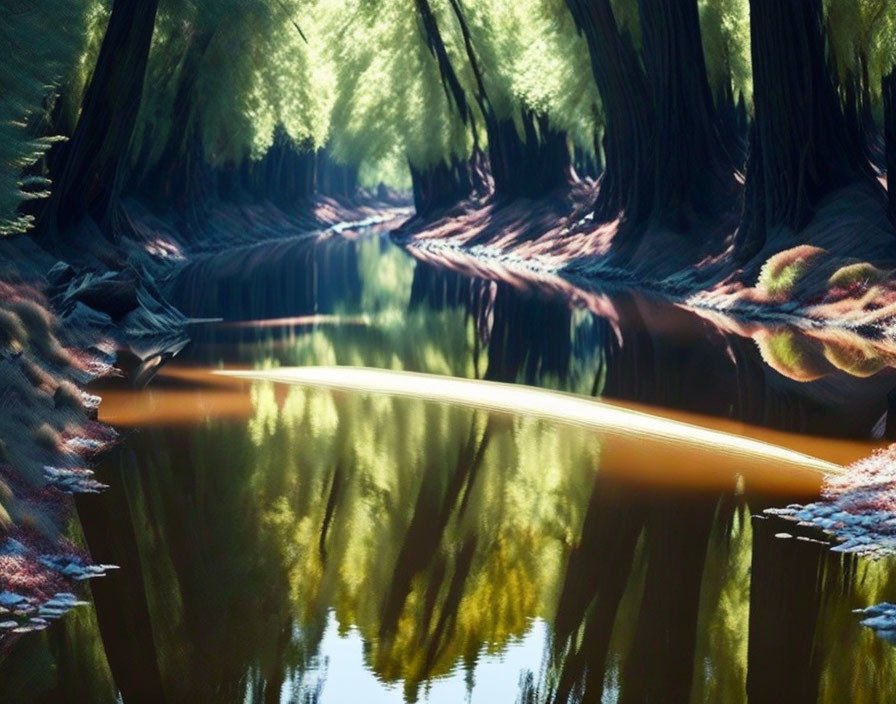 Tranquil forest scene with river reflection