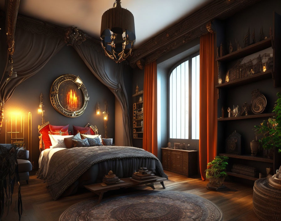 Luxurious Bedroom with Dark Walls, Large Bed, Red Pillows, Drapery & Ornate