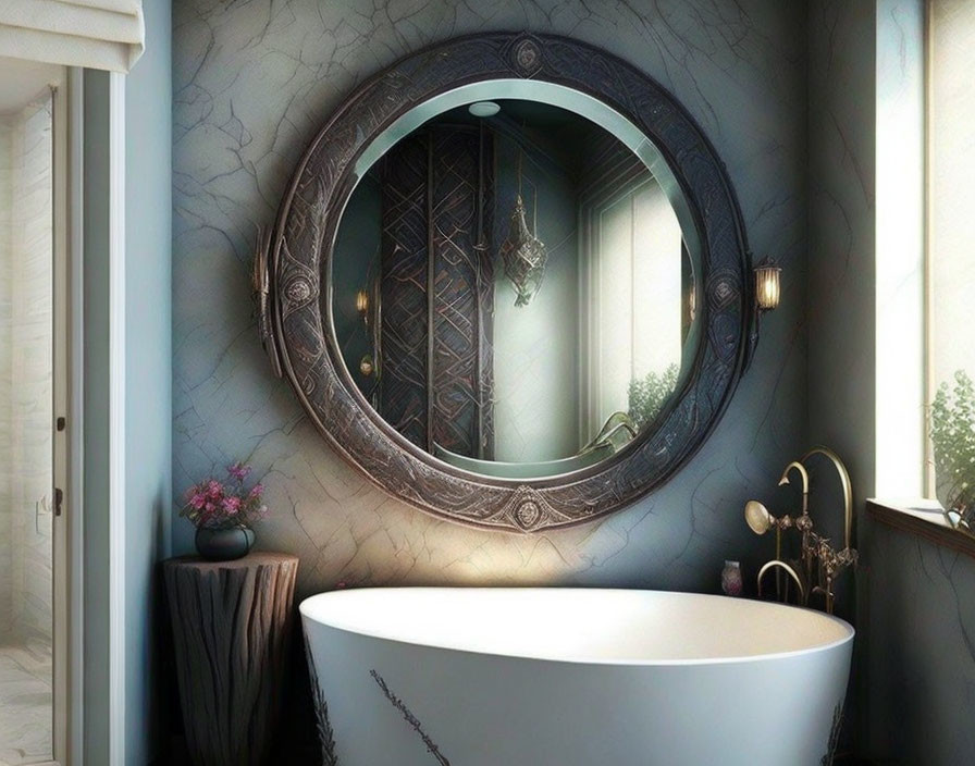 Spacious bathroom with circular mirror, freestanding bathtub, wall sconces, and floral side