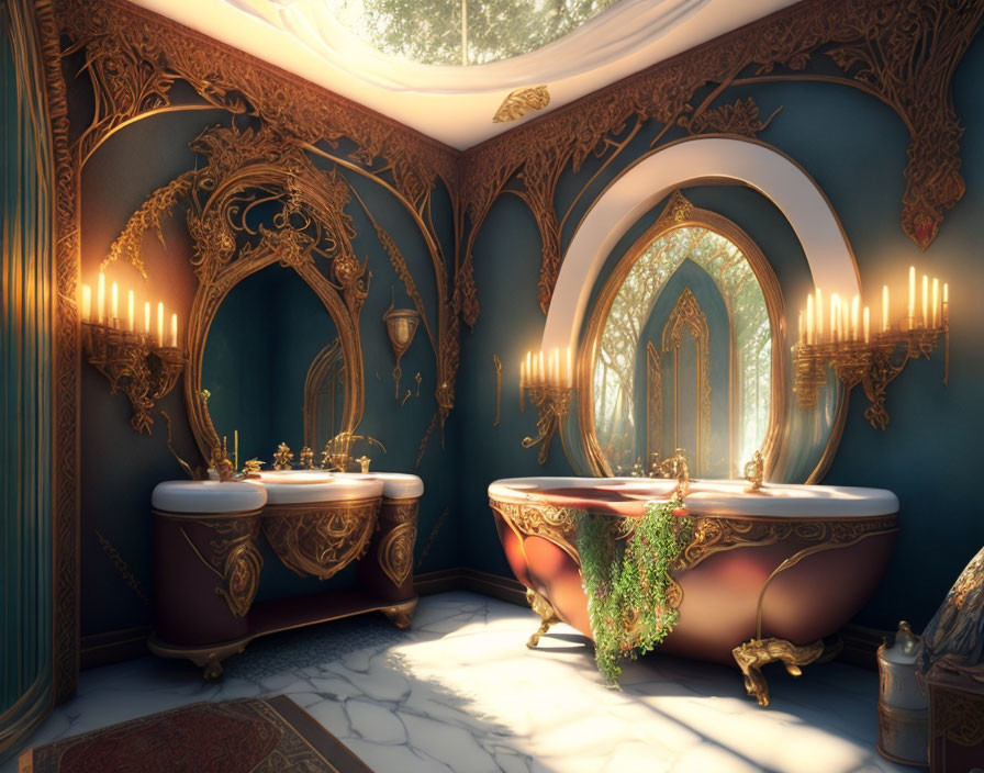 Opulent bathroom with gold-trimmed fixtures and claw-foot tub