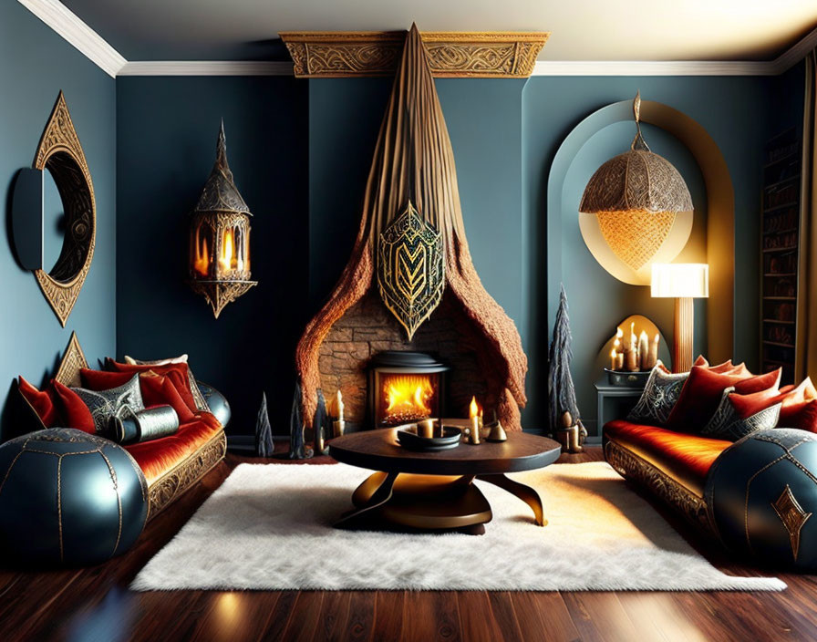 Luxurious Room with Teal Walls, Central Fireplace, Moroccan Decor & Plush Seating