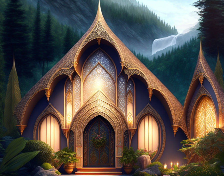 Fantasy building with glowing arches in tranquil forest