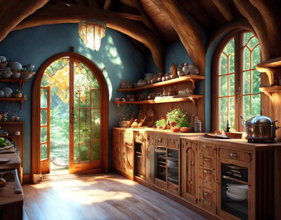 Rustic kitchen with wooden cabinets, pottery on open shelves, warm sunlight, and arched door