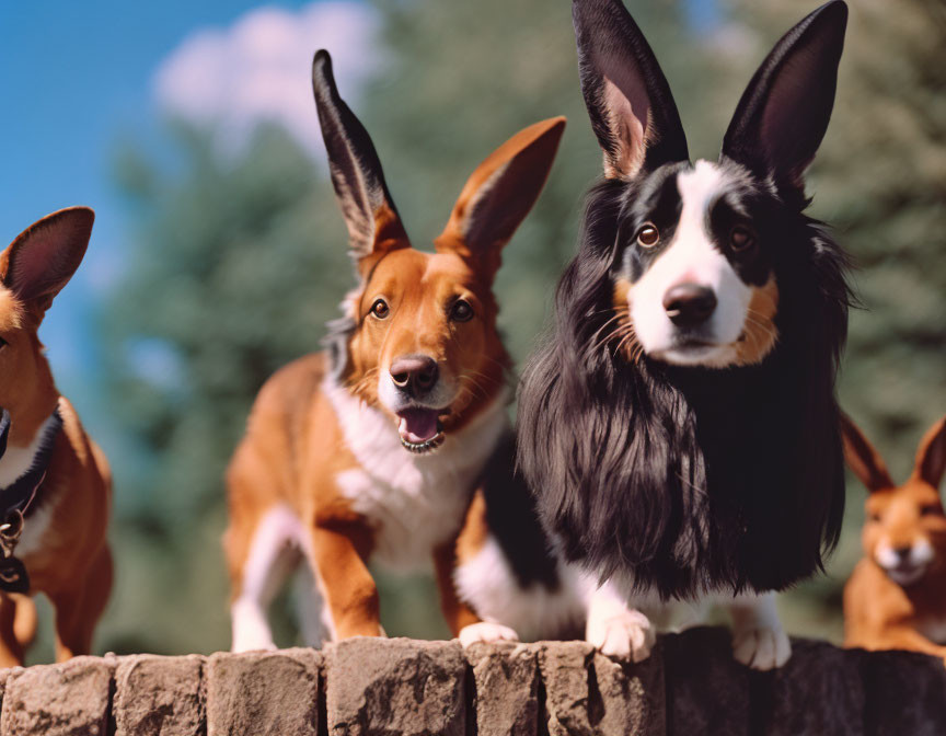 Two dogs with large ears outdoors under blue skies.