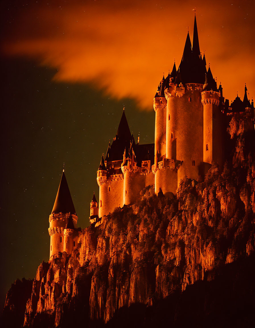 Medieval castle with pointed towers on craggy hill under orange night sky