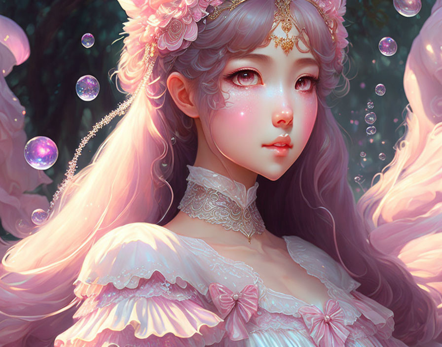 Fantasy woman with pink hair in magical forest with orbs