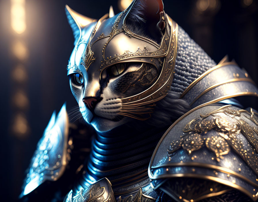 Cat in Medieval Armor Digital Artwork on Dark Background