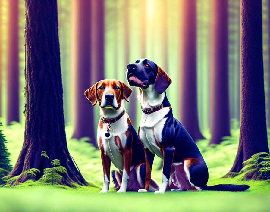 Sunlit forest scene with two beagle dogs among tall trees