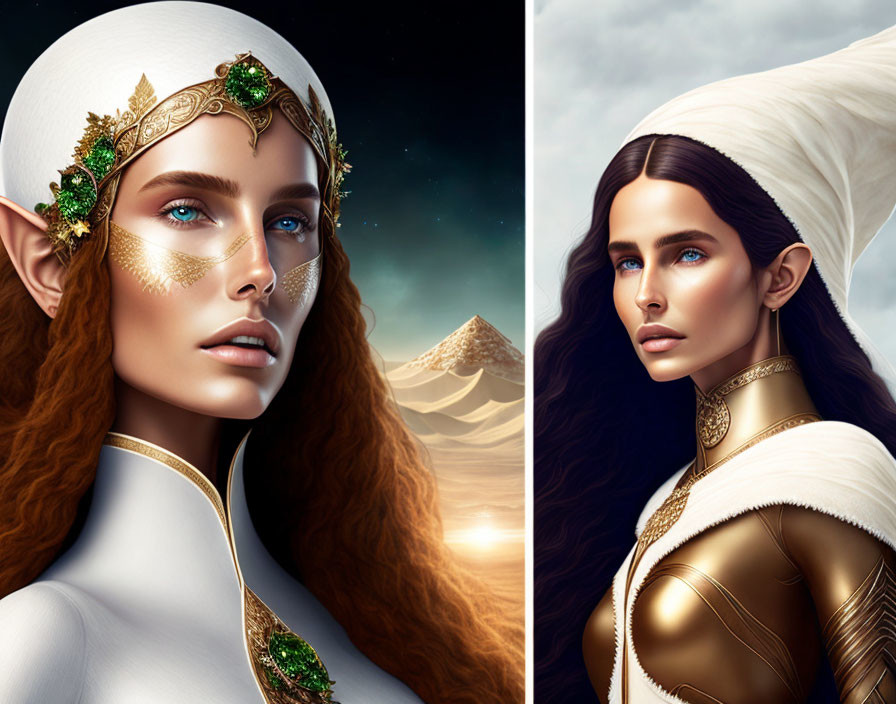 Fantasy digital art of two female characters with pointy ears and elaborate headdresses against a pyramid backdrop