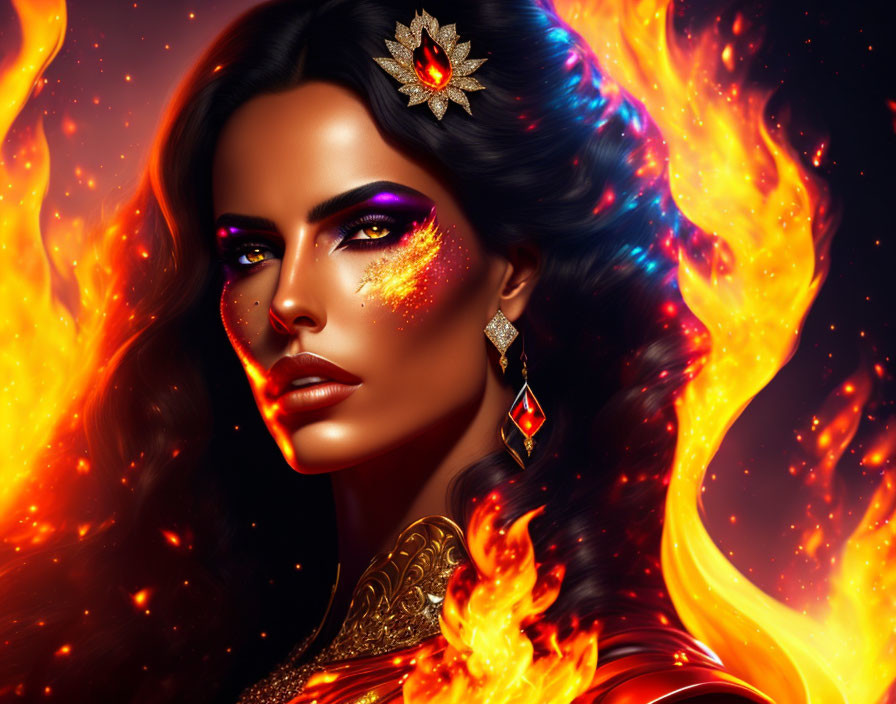 Fiery woman with striking makeup and jewel-encrusted accessories