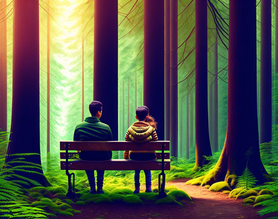 Two people on park bench in lush forest with sunlight.