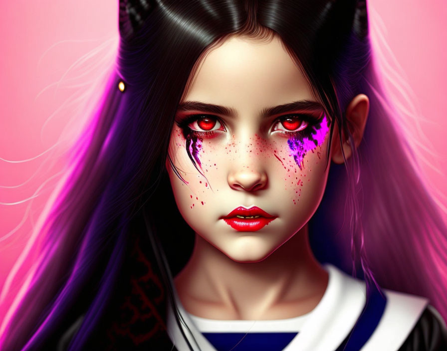 Digital Artwork: Girl with Red Eyes, Cat Ear Headband, and Sailor Collar