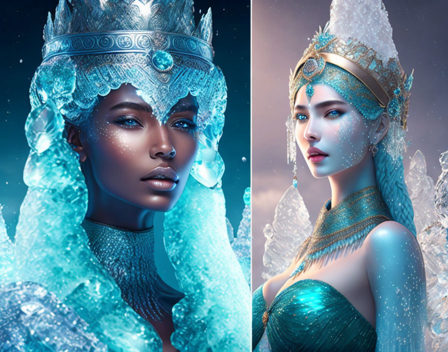 Stylized portraits of women with ice-themed crowns and attire in a regal fantasy setting