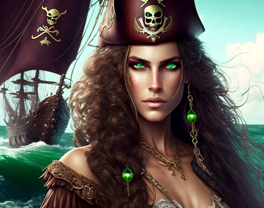 Digital artwork featuring woman with green eyes, pirate hat, ship, and sea.