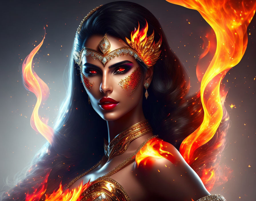 Fiery-winged woman with blazing arm and golden jewelry.