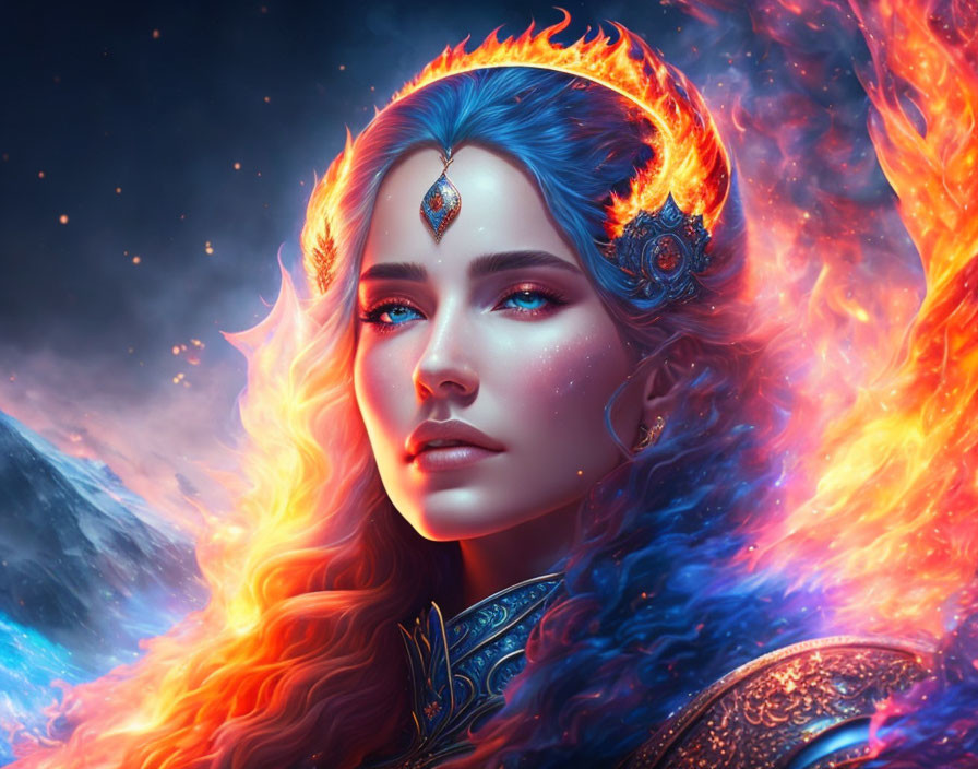 Blue-haired woman with fiery aura in cosmic setting.