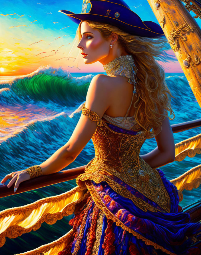 Stylized image of woman in ornate pirate costume on ship deck at sunset