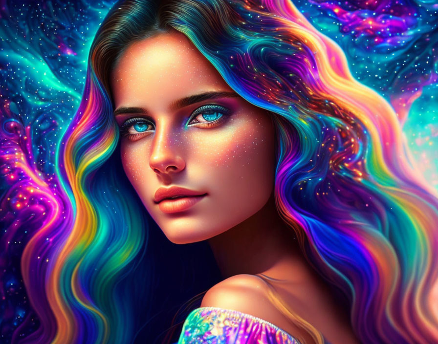 Colorful digital artwork: Woman with multicolored hair and blue eyes in cosmic setting