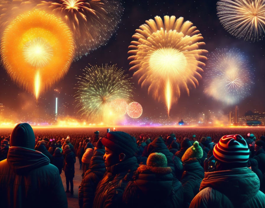 Crowd in Winter Clothing Watches Vibrant Fireworks Display