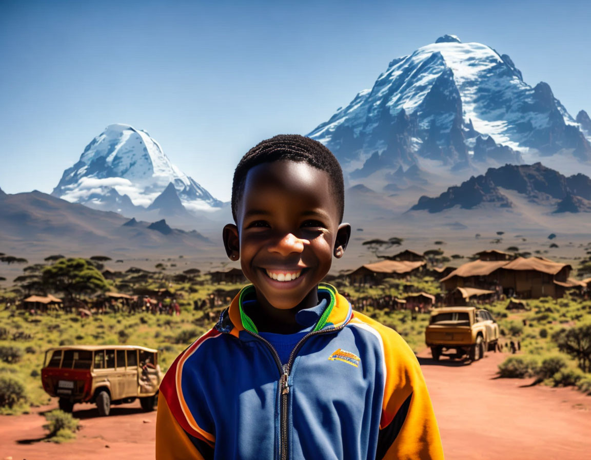 Colorful Jacket Boy Smiling Against Mountain Village Safari Backdrop