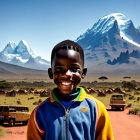 Colorful Jacket Boy Smiling Against Mountain Village Safari Backdrop