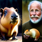 Man holding small capybara figurine next to realistic capybara portrait