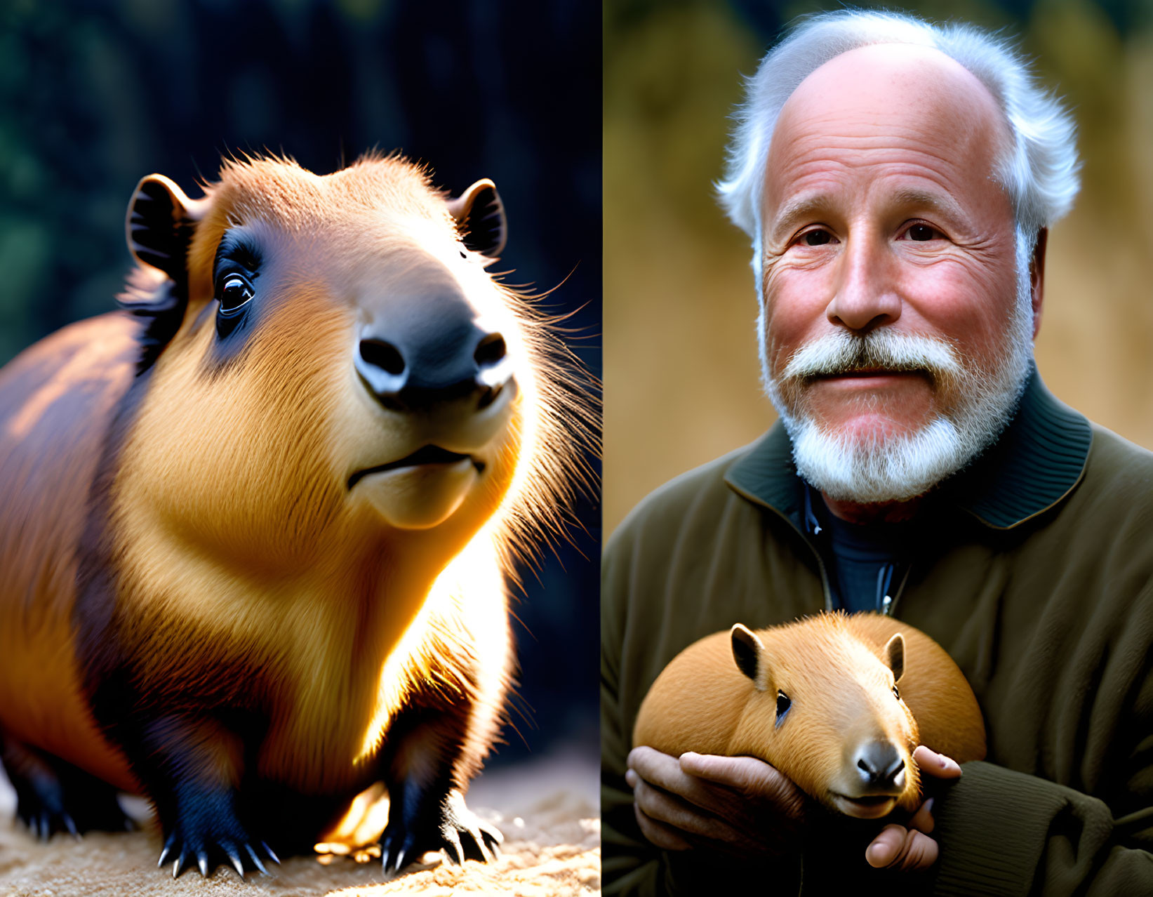 Man holding small capybara figurine next to realistic capybara portrait