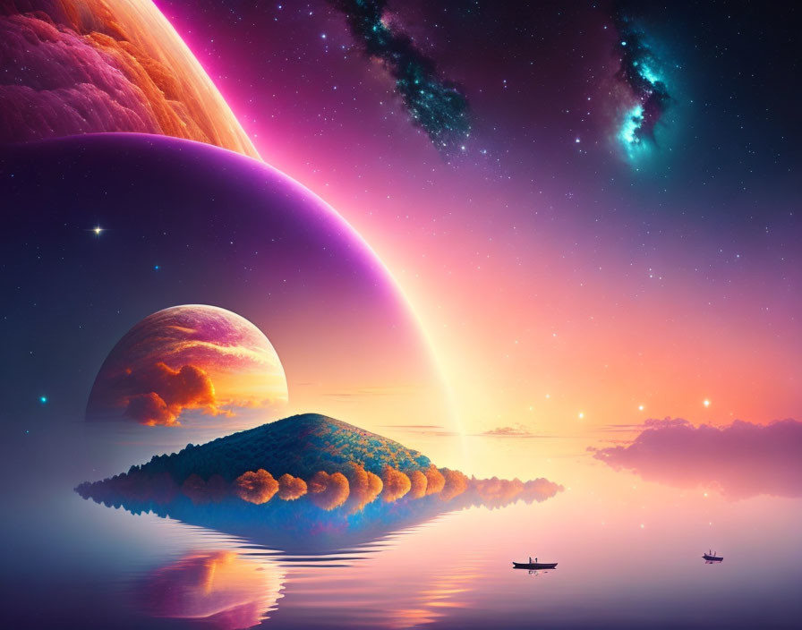 Vibrant digital art: surreal cosmic landscape with island, giant planets, and nebulae