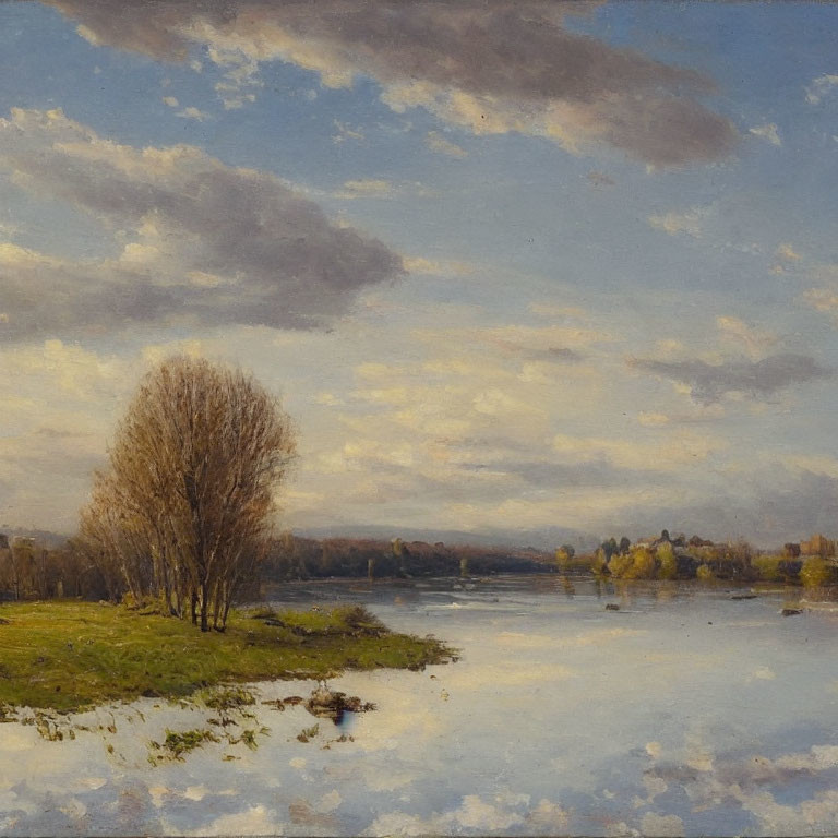 Tranquil landscape painting of reflective water, trees, and sky