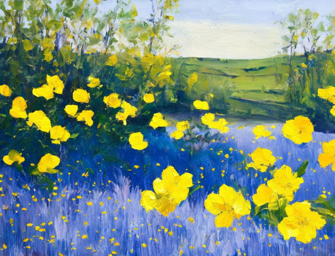 Colorful Oil Painting of Field with Yellow Flowers, Green Hills, and Blue Sky