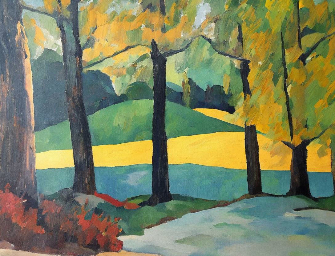 Colorful Autumn Landscape Painting with Yellow and Green Trees