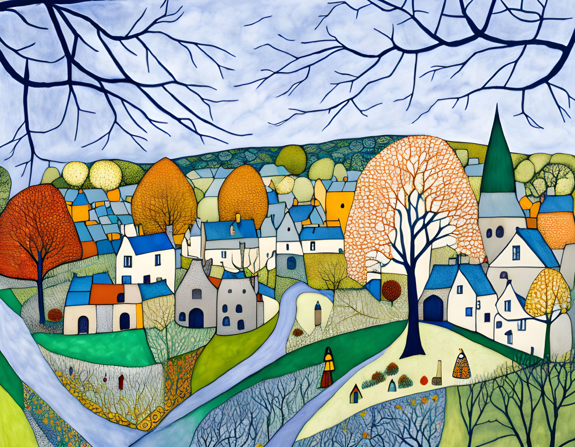 Vibrant painting of whimsical village scene with patterned trees and winding paths