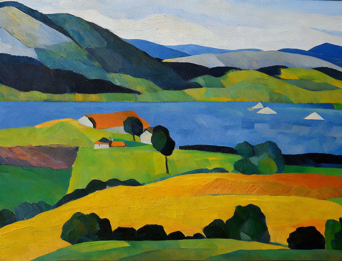 Scenic landscape painting with rolling hills, lake, boats, houses in greens, yellows, blues