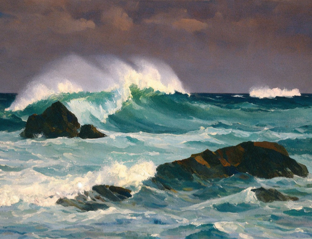 Stormy sea painting with crashing waves and dark rocks under turbulent sky