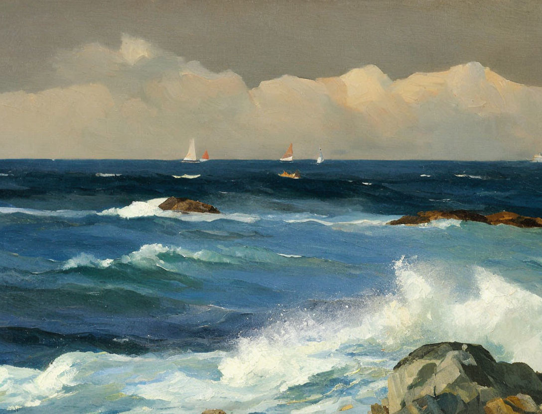 Stormy seascape with crashing waves and sailboats under cloudy sky