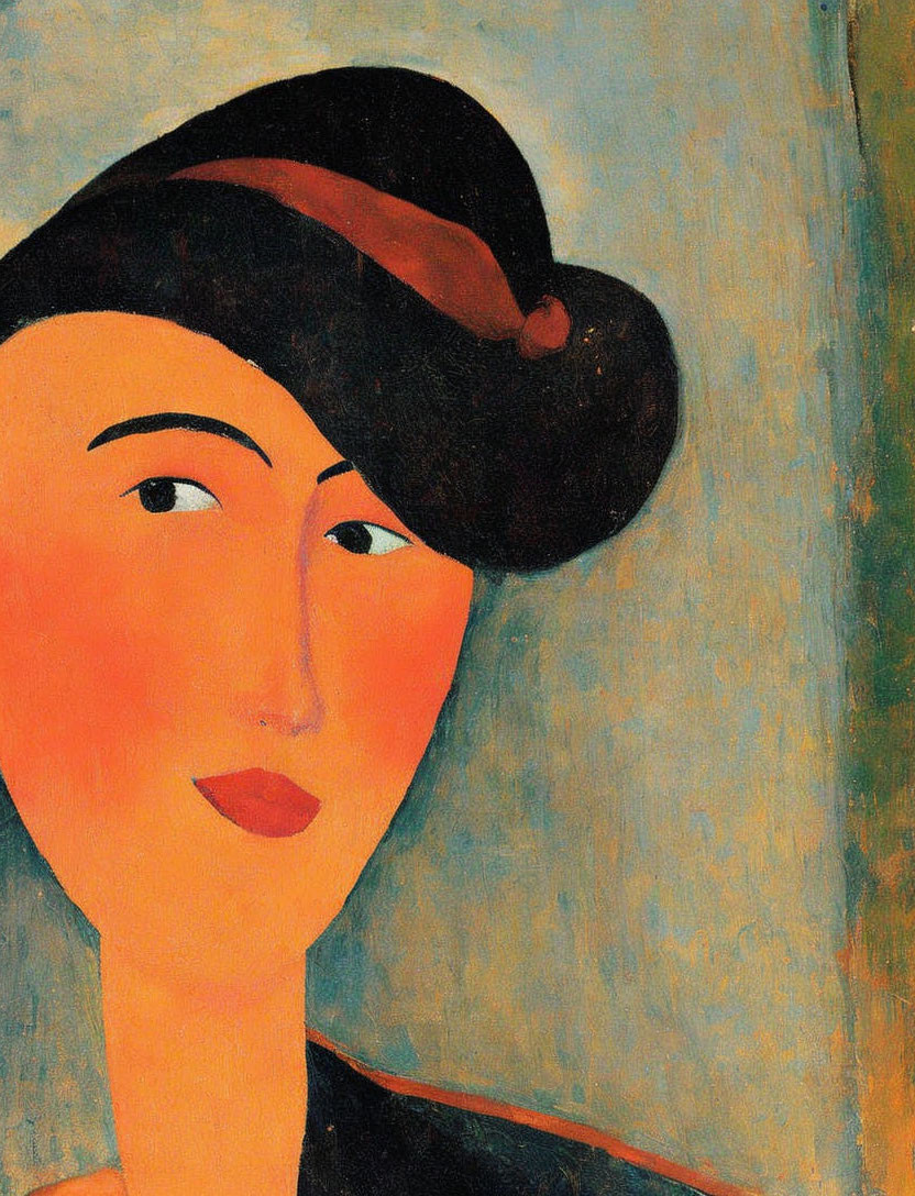 Colorful Stylized Portrait: Woman in Large Black Hat, Bold Colors, Simplified Features,