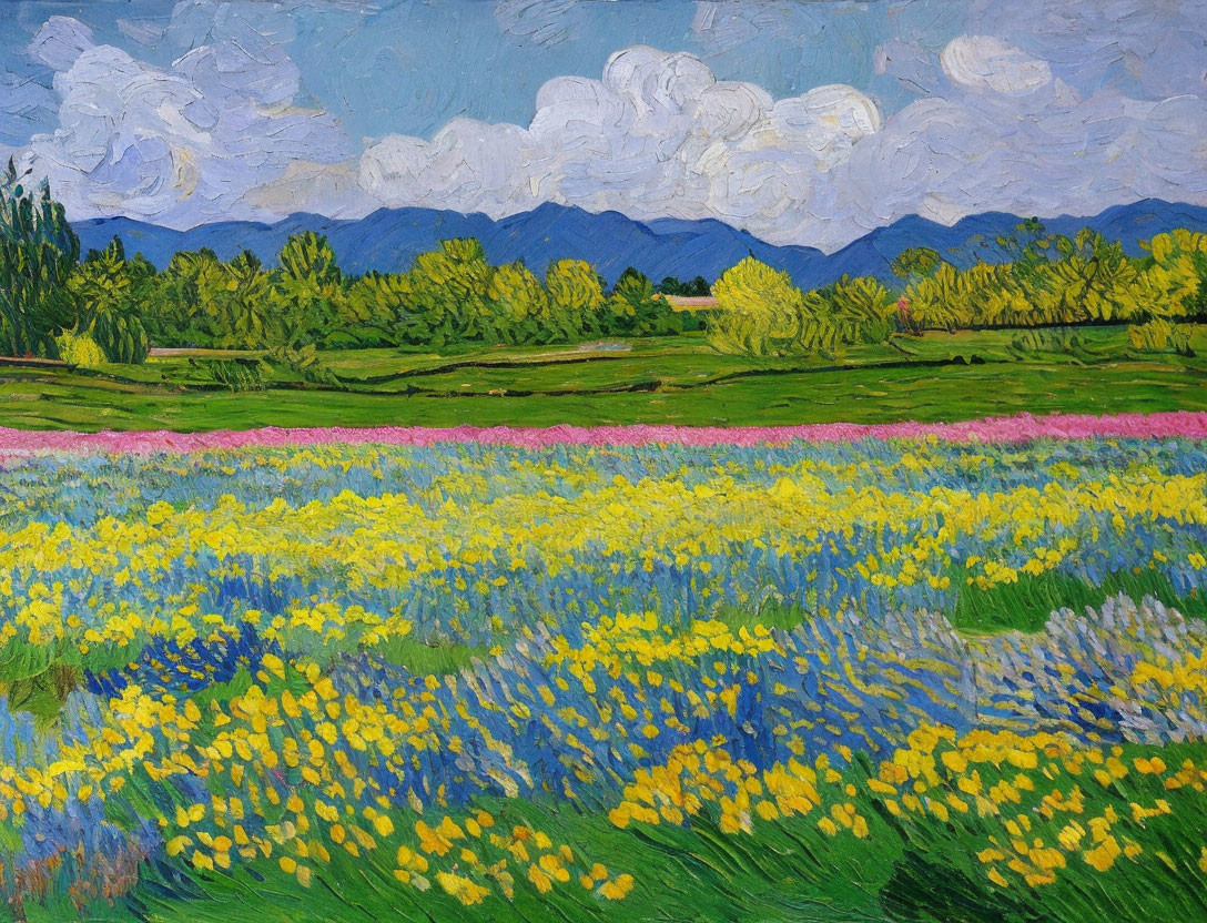 Colorful Flower-Filled Meadow Painting with Blue Sky