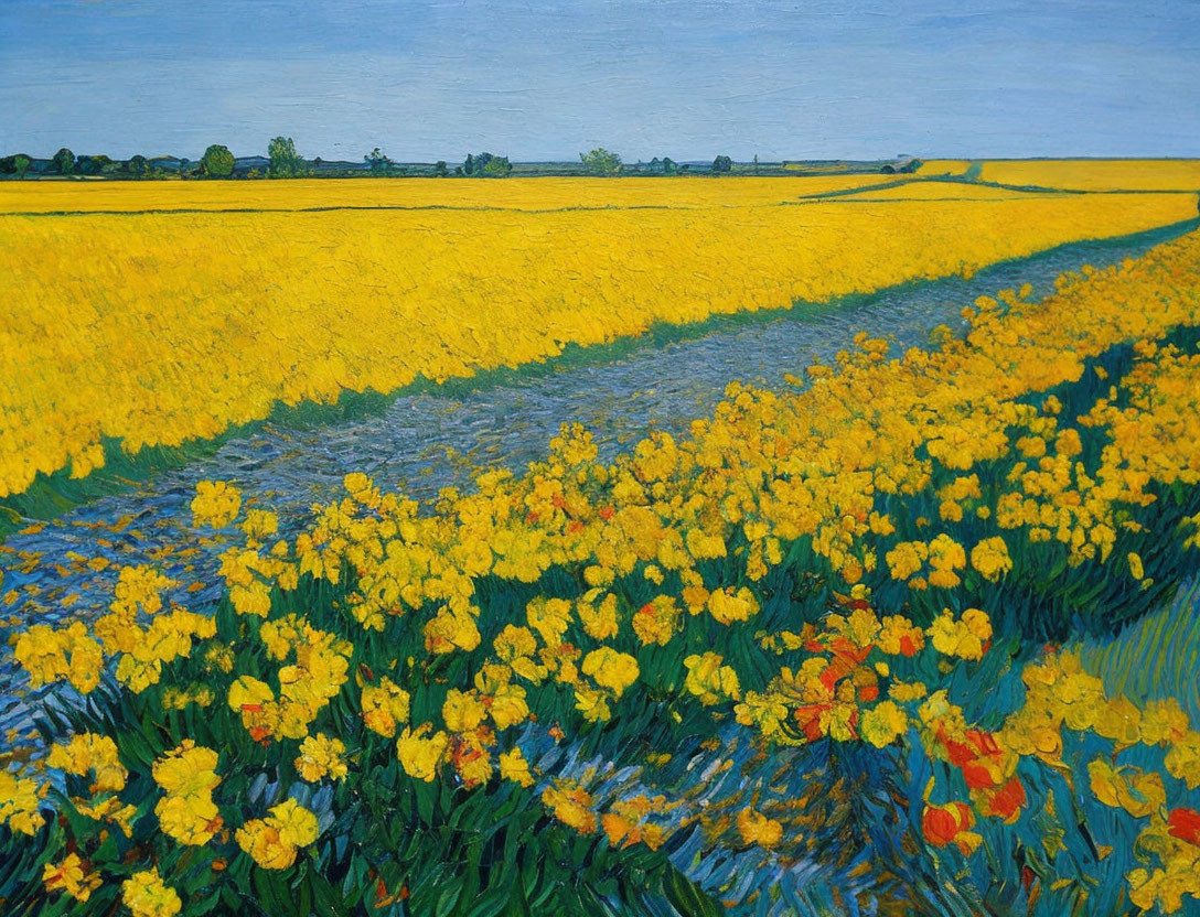 Vibrant painting of yellow flowers under blue sky and trail.