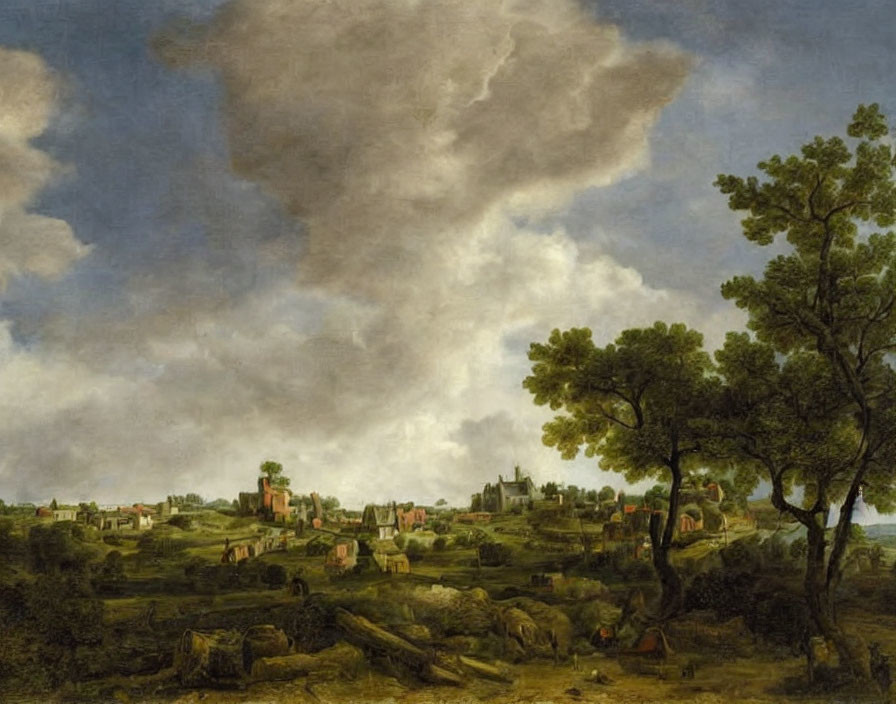 Classic Landscape Painting of Rural Village with Dramatic Sky & Figures