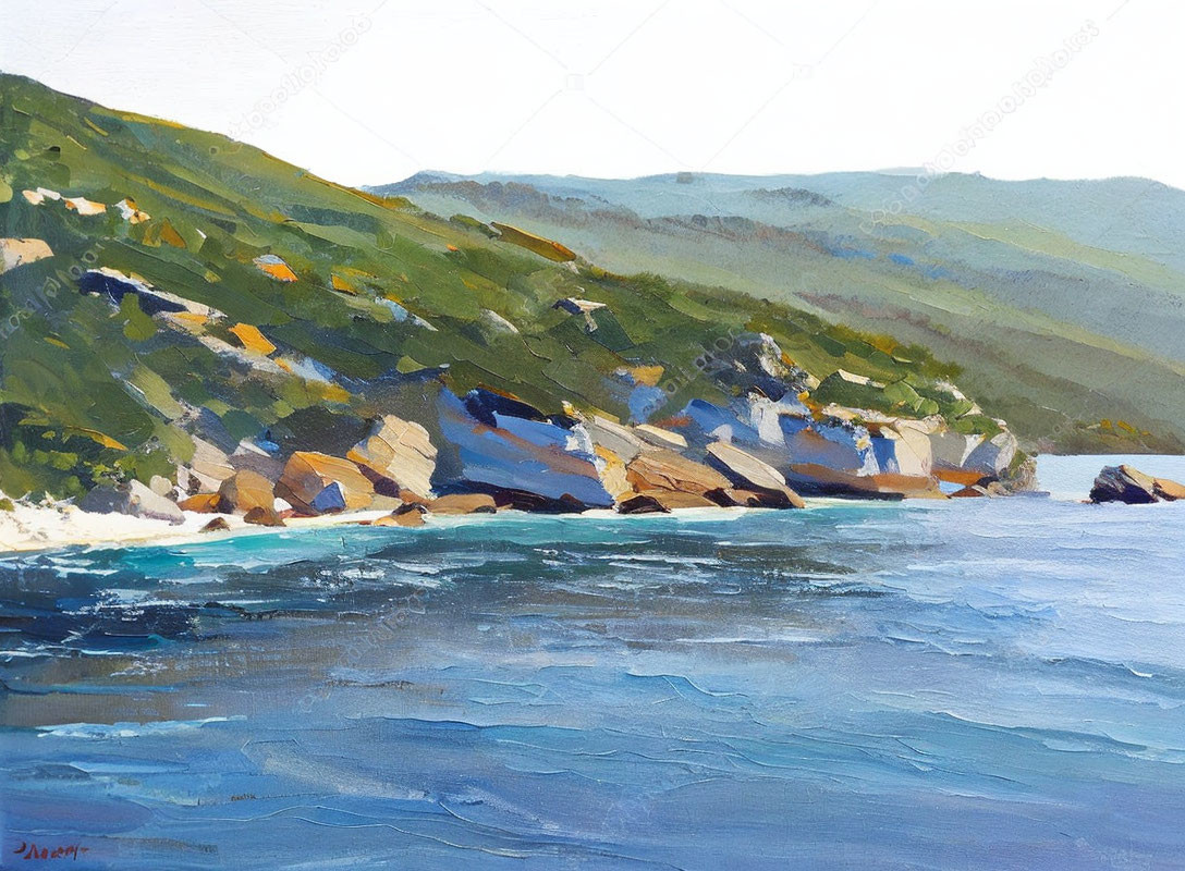 Rocky coastline painting: blue sea, green hills, clear sky